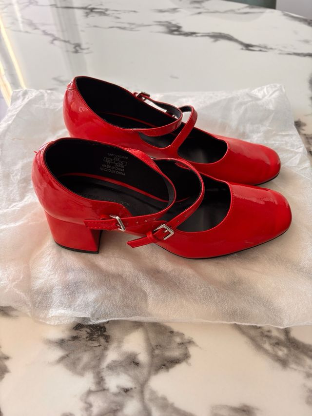 Zapatos Mary Jane Tacón Bajo Rojo /Negro Charol