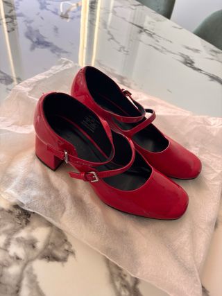 Zapatos Mary Jane Tacón Bajo Rojo /Negro Charol