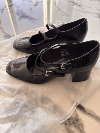 Zapatos Mary Jane Tacón Bajo Rojo /Negro Charol