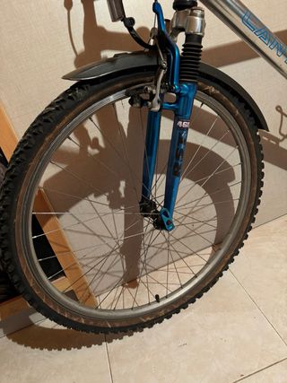 Bicicleta de montaña plateada y azul