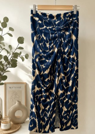 Falda midi estampada azul y beige