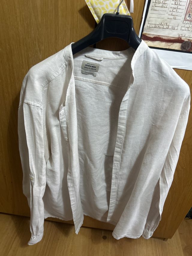 Camisa Sfera Men cuello mao rayas beige lino