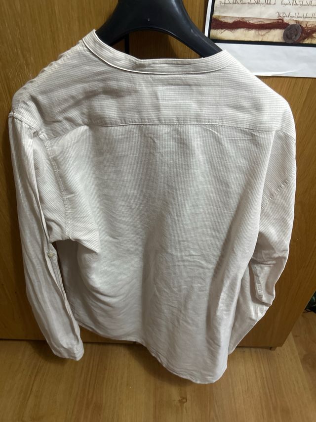 Camisa Sfera Men cuello mao rayas beige lino