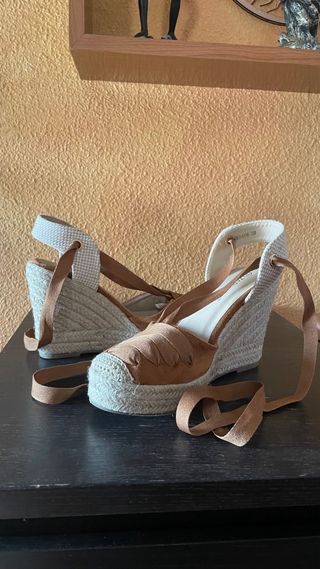 Sandalias cuña esparto lazo beige/marrón T38