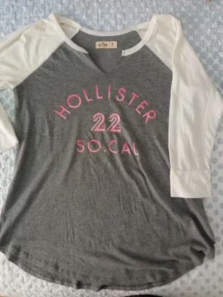 Camiseta Hollister M Manga 3/4 Gris y Blanca