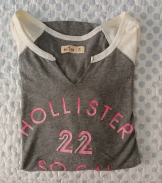Camiseta Hollister M Manga 3/4 Gris y Blanca