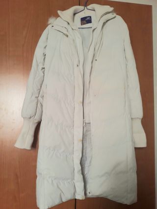Abrigo Largo Blanco Acolchado Capucha Talla L