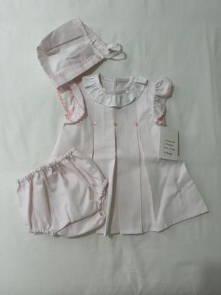 Conjunto bebé vestido, braguita y capota