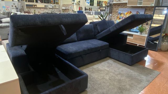 Sofá modular azul 330cm con doble arcón