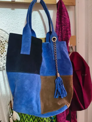 Bolso ante auténtico azul y marrón