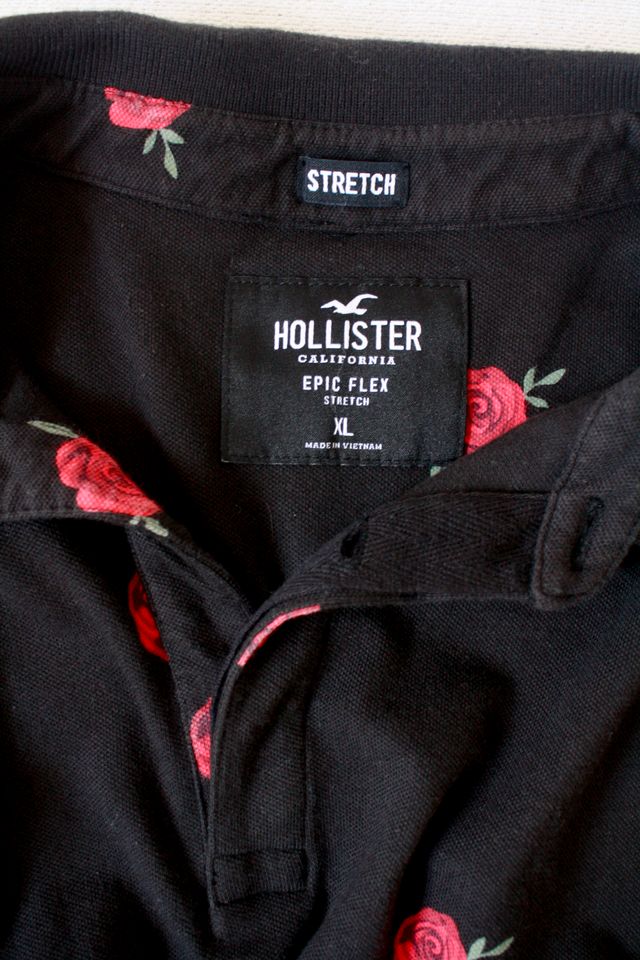 Polo Hollister Negro Estampado Rosas Talla XL