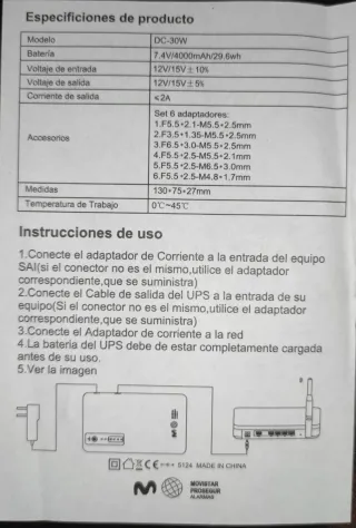 SAI Movistar 12-15V DC 4000mAh de 30W para Routers