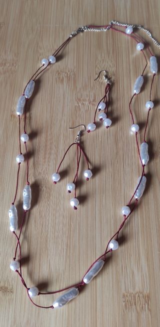 Conjunto artesanal perlas y cordón rojo