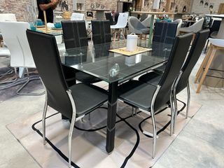 Conjunto Comedor Mesa Cristal + 6 Sillas Negras