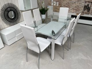 Conjunto Comedor Mesa Cristal + 6 Sillas Negras