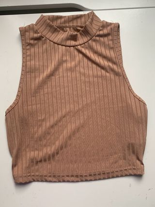 Top SHEIN marrón canalé cuello alto talla S