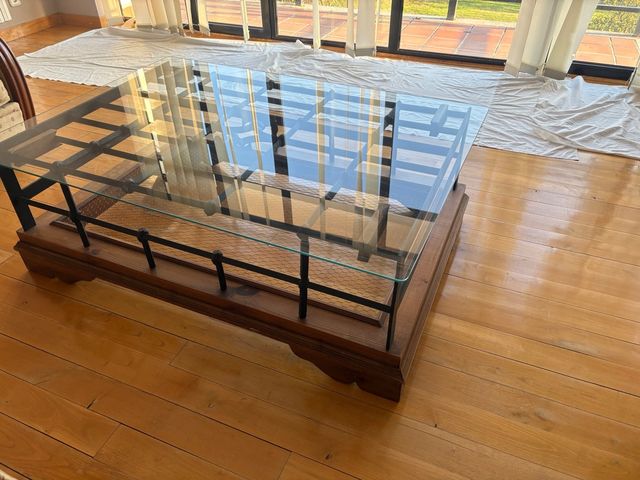 MESA CENTRO, MADERA, CRISTAL, HIERRO FORJADO