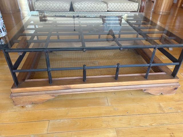 MESA CENTRO, MADERA, CRISTAL, HIERRO FORJADO