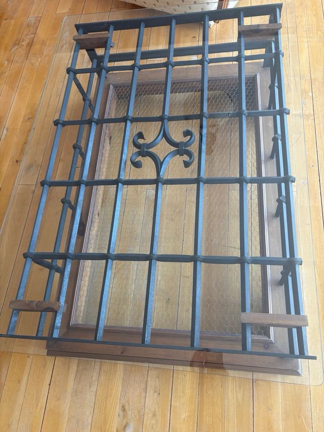 MESA CENTRO, MADERA, CRISTAL, HIERRO FORJADO