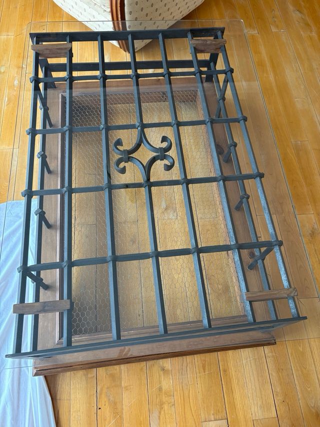 MESA CENTRO, MADERA, CRISTAL, HIERRO FORJADO