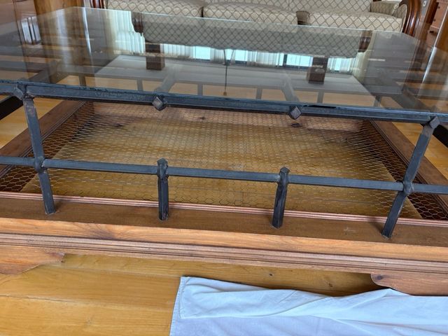 MESA CENTRO, MADERA, CRISTAL, HIERRO FORJADO