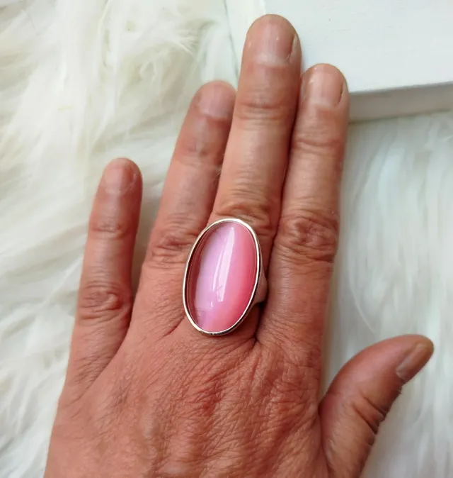 Anillo bisutería ovalado rosa y plata