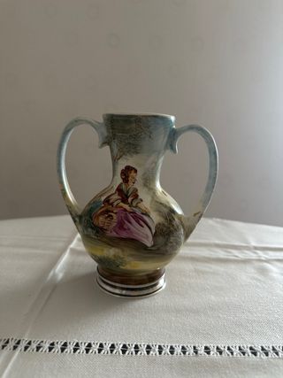 Jarrón antiguo cerámica porcelana base plata 925