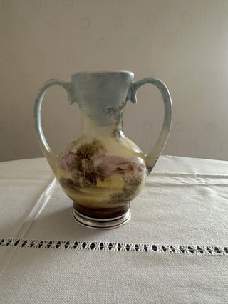 Jarrón antiguo cerámica porcelana base plata 925