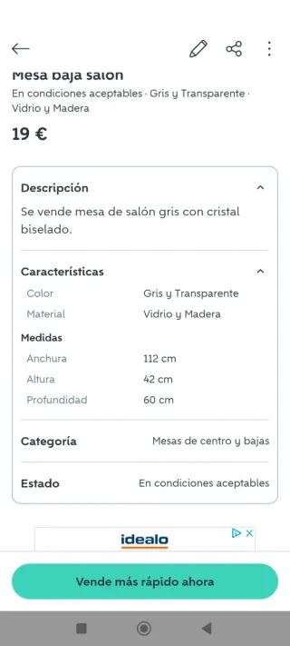 Mesa de centro cristal y madera