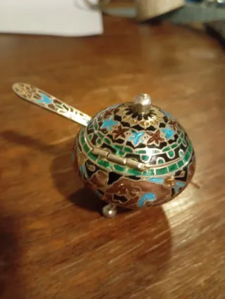 Saliera vintage asiatica argento, cloisonnè.