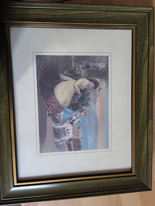 Cuadro antiguo mujer y niña con perro