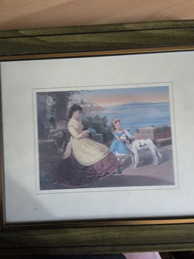 Cuadro antiguo mujer y niña con perro