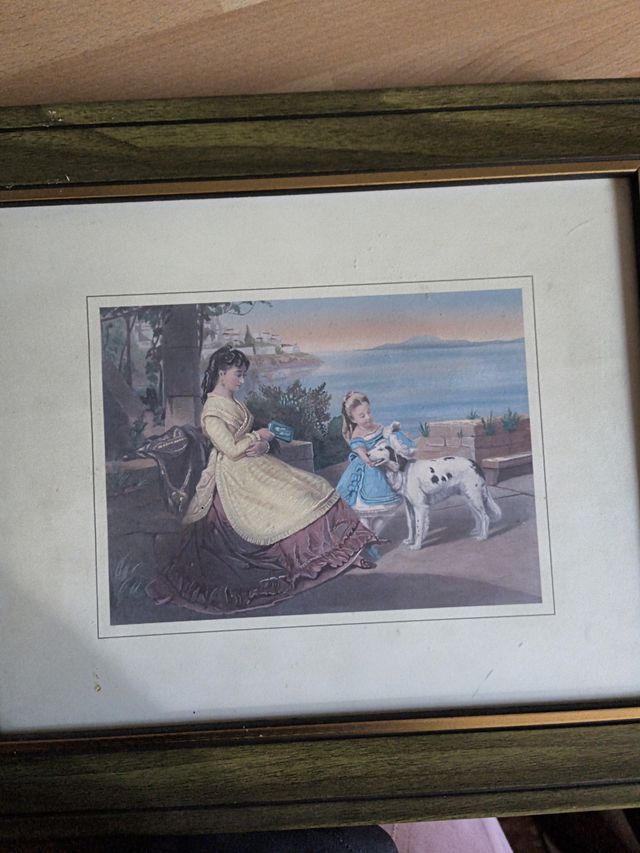 Cuadro antiguo mujer y niña con perro