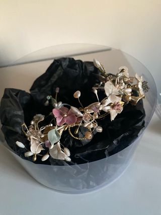 Tocado Novia Flores Perlas Dorado Rosa