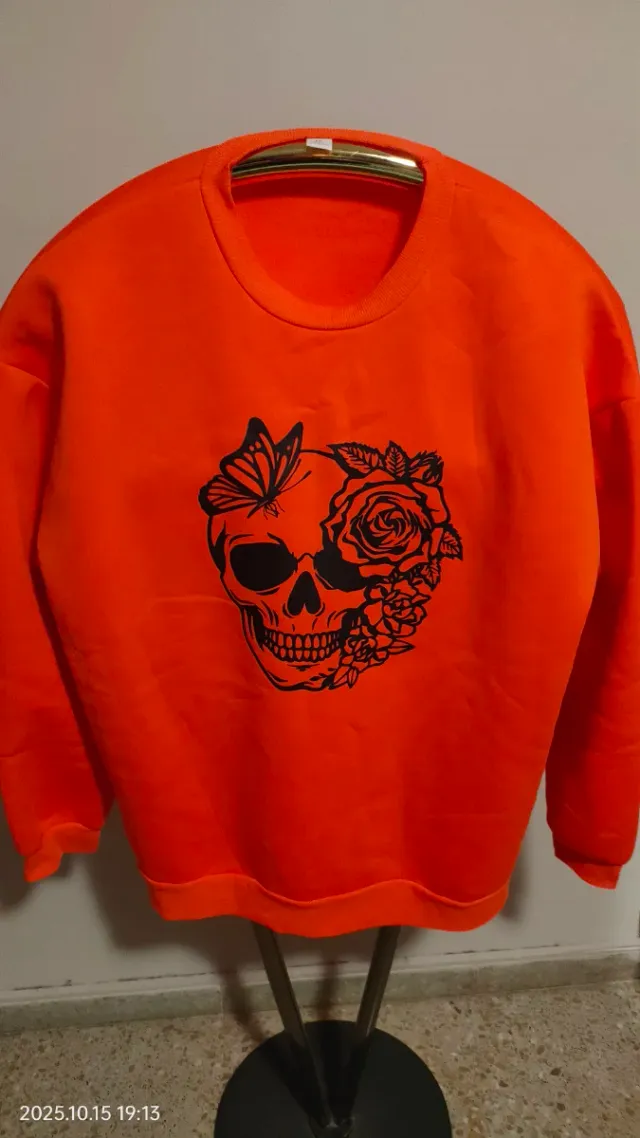 Sudadera Naranja Talla XXL Calavera Flores