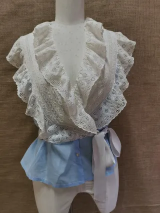 Blusa vintage romántica encajes y cintas seda, S/M