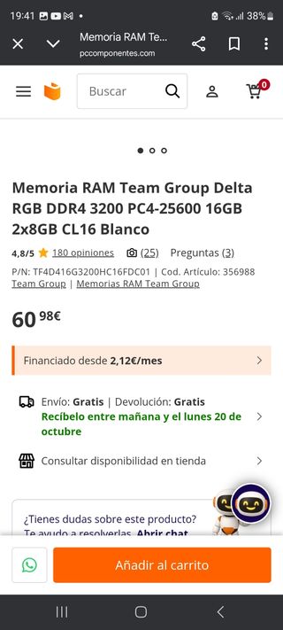 Memoria RAM Team Group Delta RGB DDR4 3200 16GB