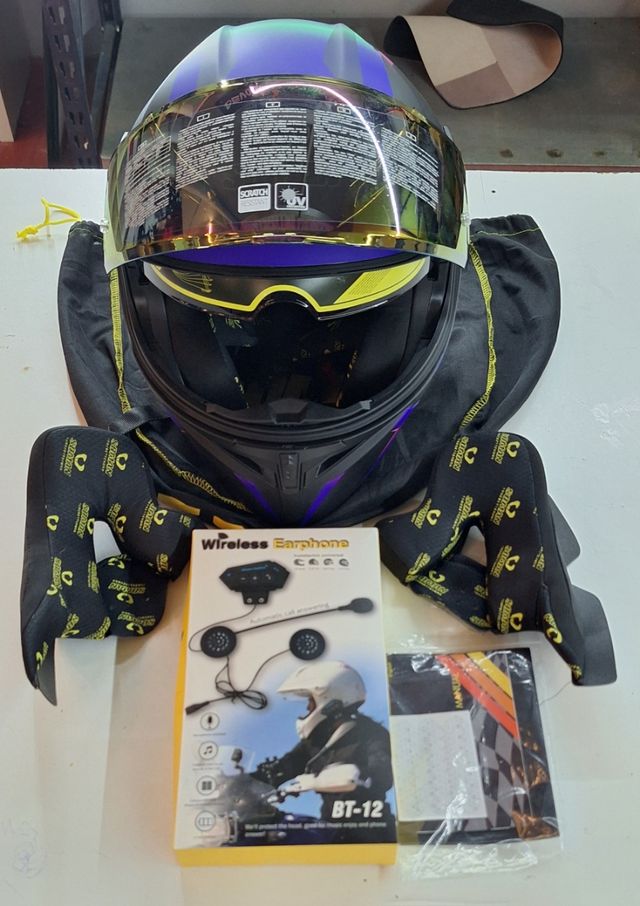 Casco de moto Soman azul y morado + Earphone