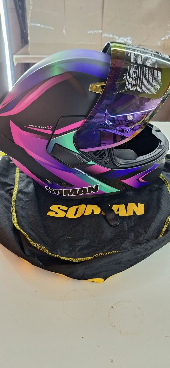 Casco de moto Soman azul y morado + Earphone
