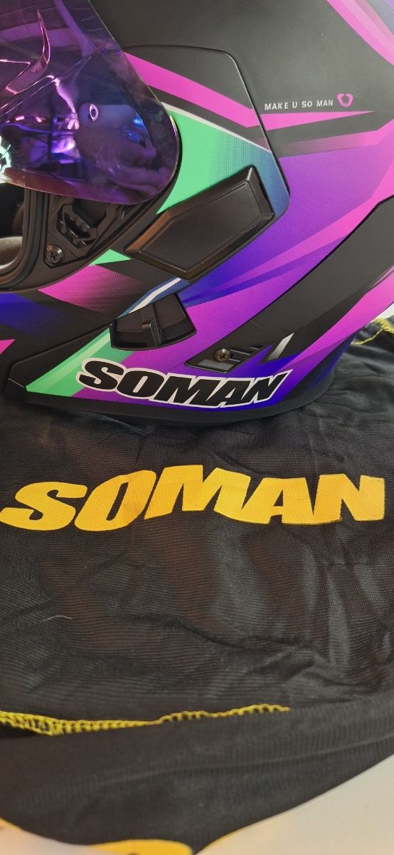 Casco de moto Soman azul y morado + Earphone