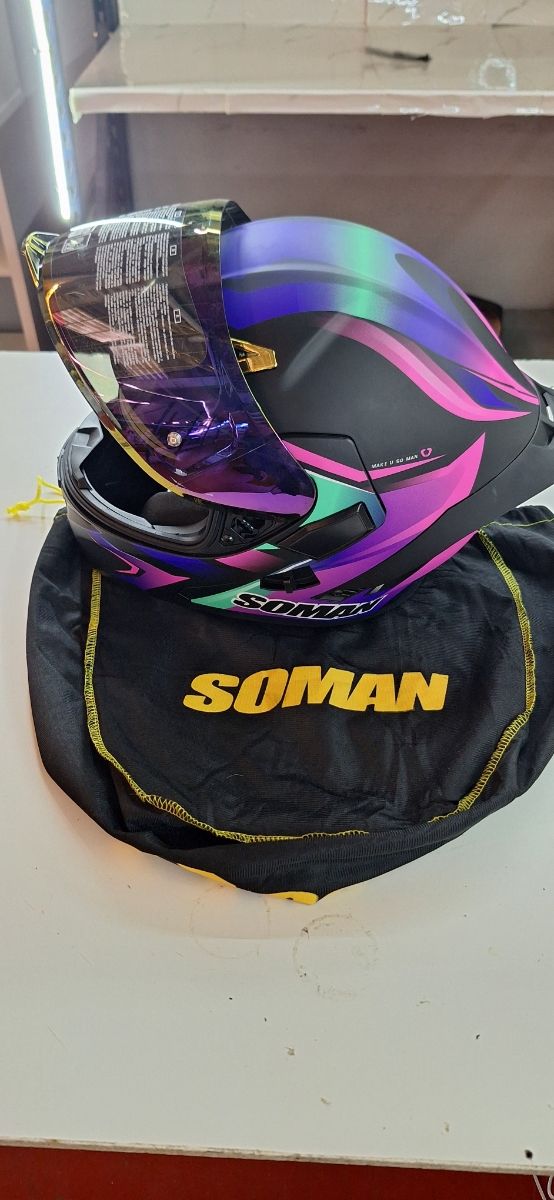 Casco de moto Soman azul y morado + Earphone