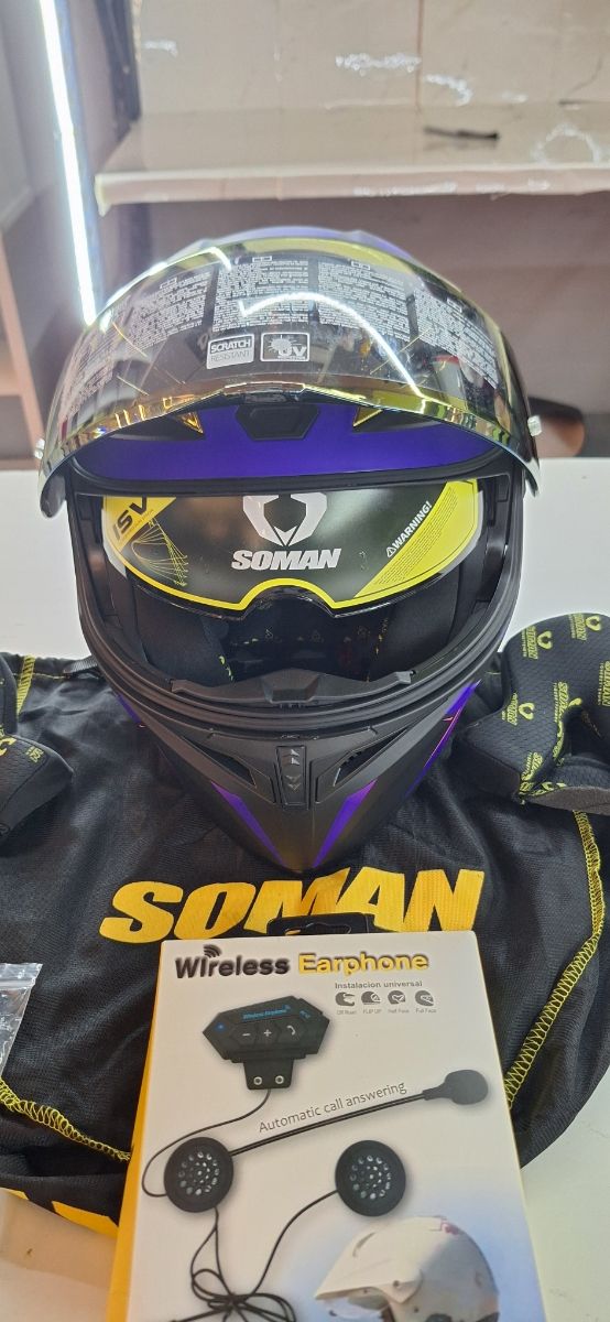 Casco de moto Soman azul y morado + Earphone