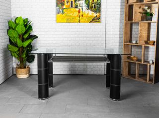 Conjunto Comedor Mesa Cristal + 6 Sillas Negras