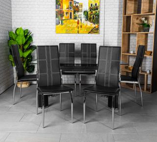 Conjunto Comedor Mesa Cristal + 6 Sillas Negras