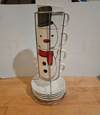 Set Natale 4 tazzine e piattini pupazzo di neve