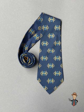 Corbata Gucci Seda Vintage Azul y Dorado