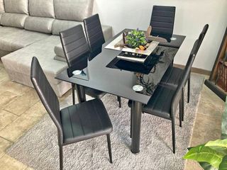 Mesa Cristal Templado + 6 Sillas Polipiel Negra