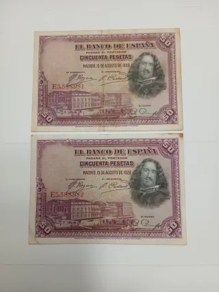 2 Billetes Antiguos correlativos de 50 Pesetas