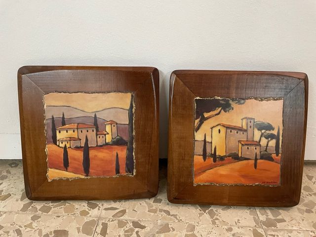 Pareja cuadros rústicos madera paisaje