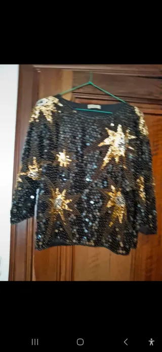 Blusa Vintage Lentejuelas Estrellas Negra Dorada